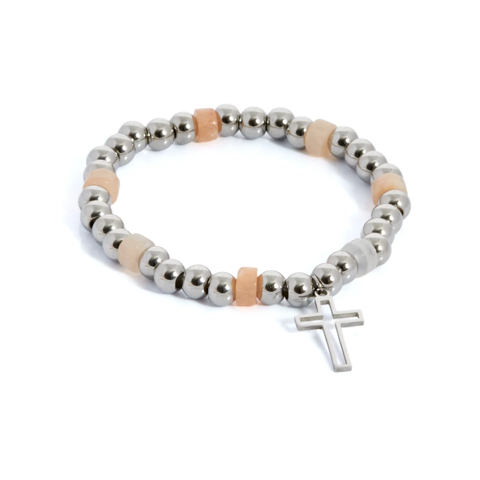 pulsera-bolitas-plateada-y-beige-con-cruz-en-acero-alexah
